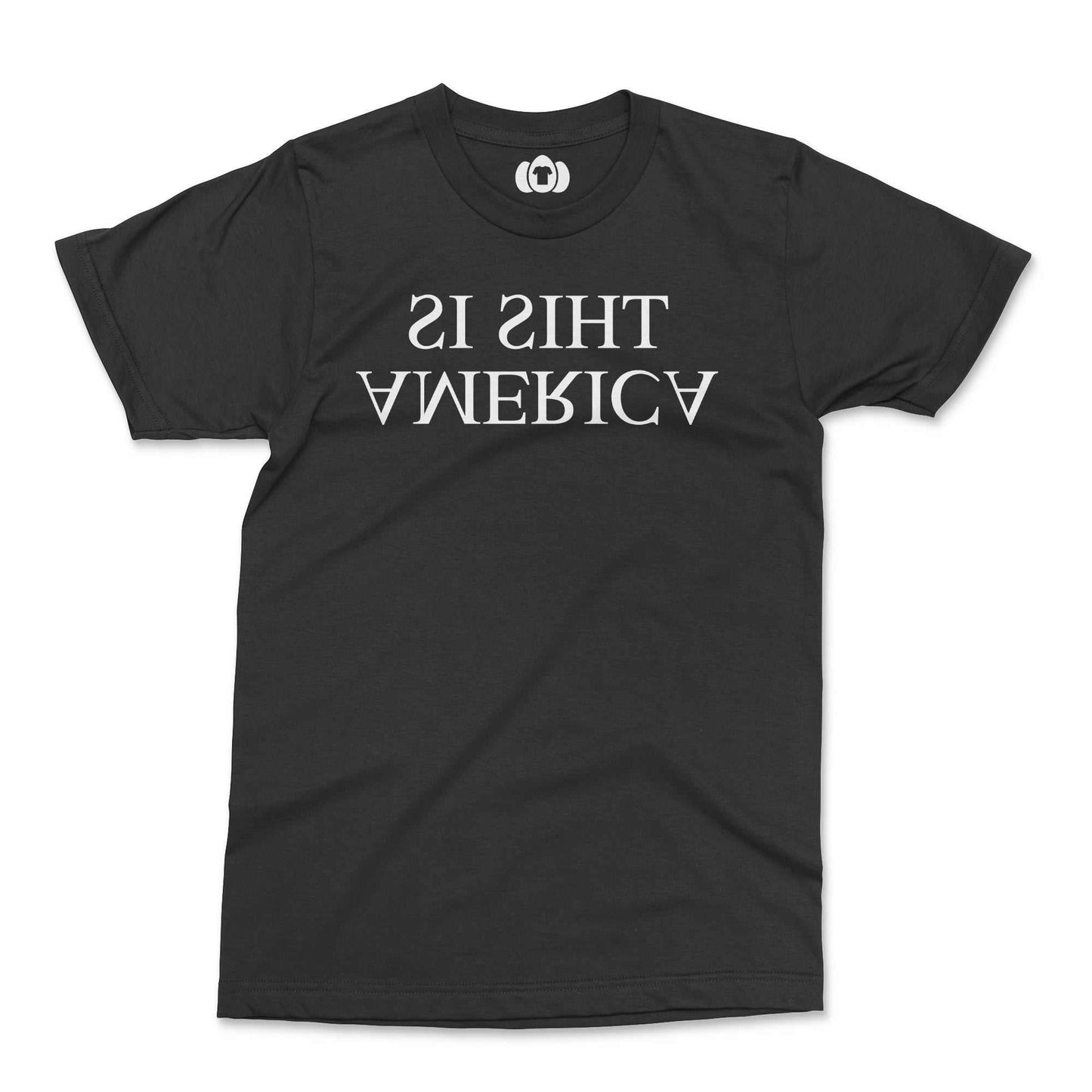 Black protest t-shirt with "This Is America" printed in reverse.