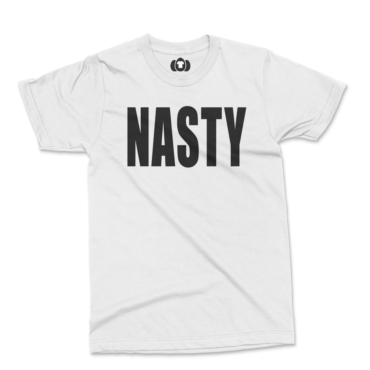 White protest t-shirt with bold "Nasty" text.