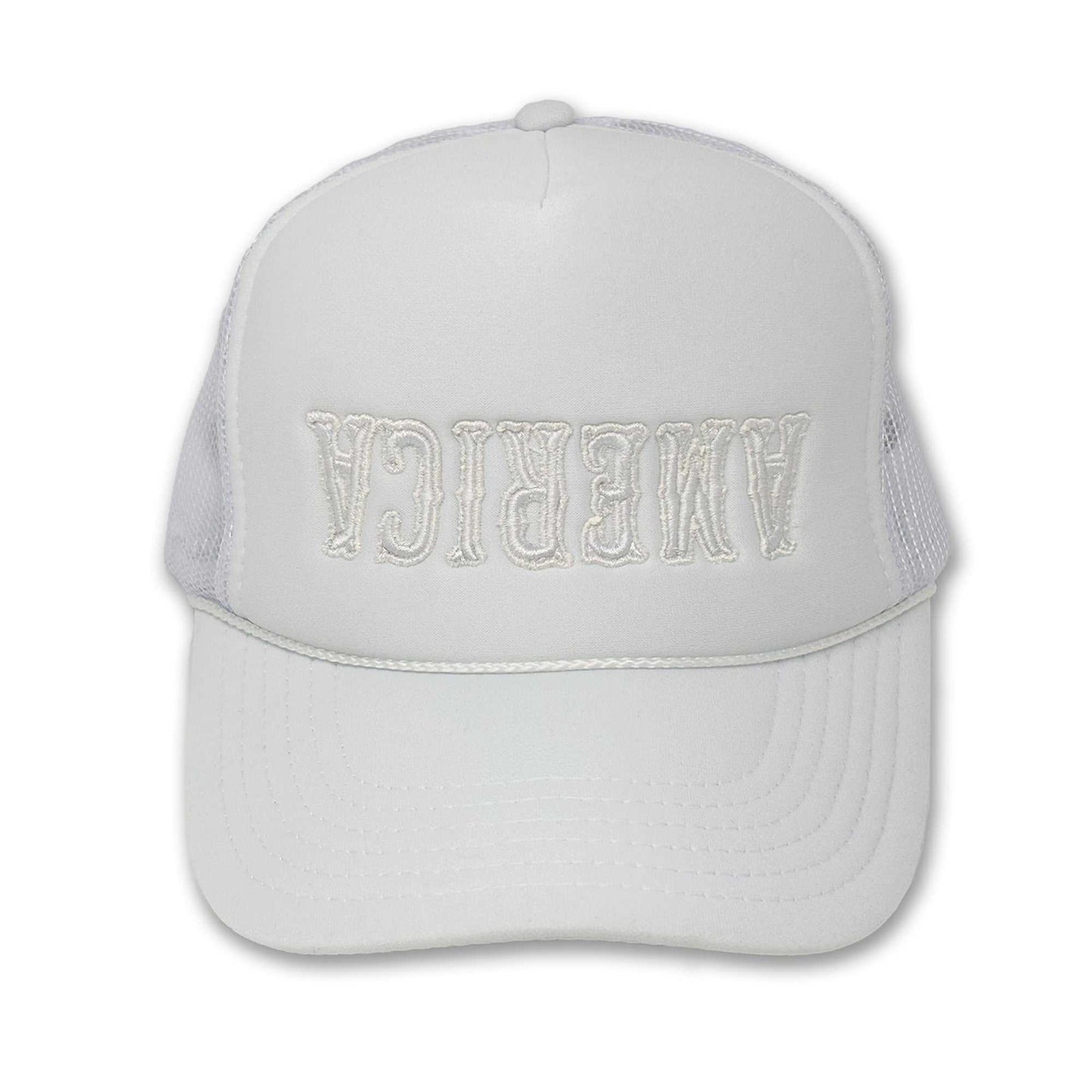 White trucker hat with "America" upside-down embroidered on the front.