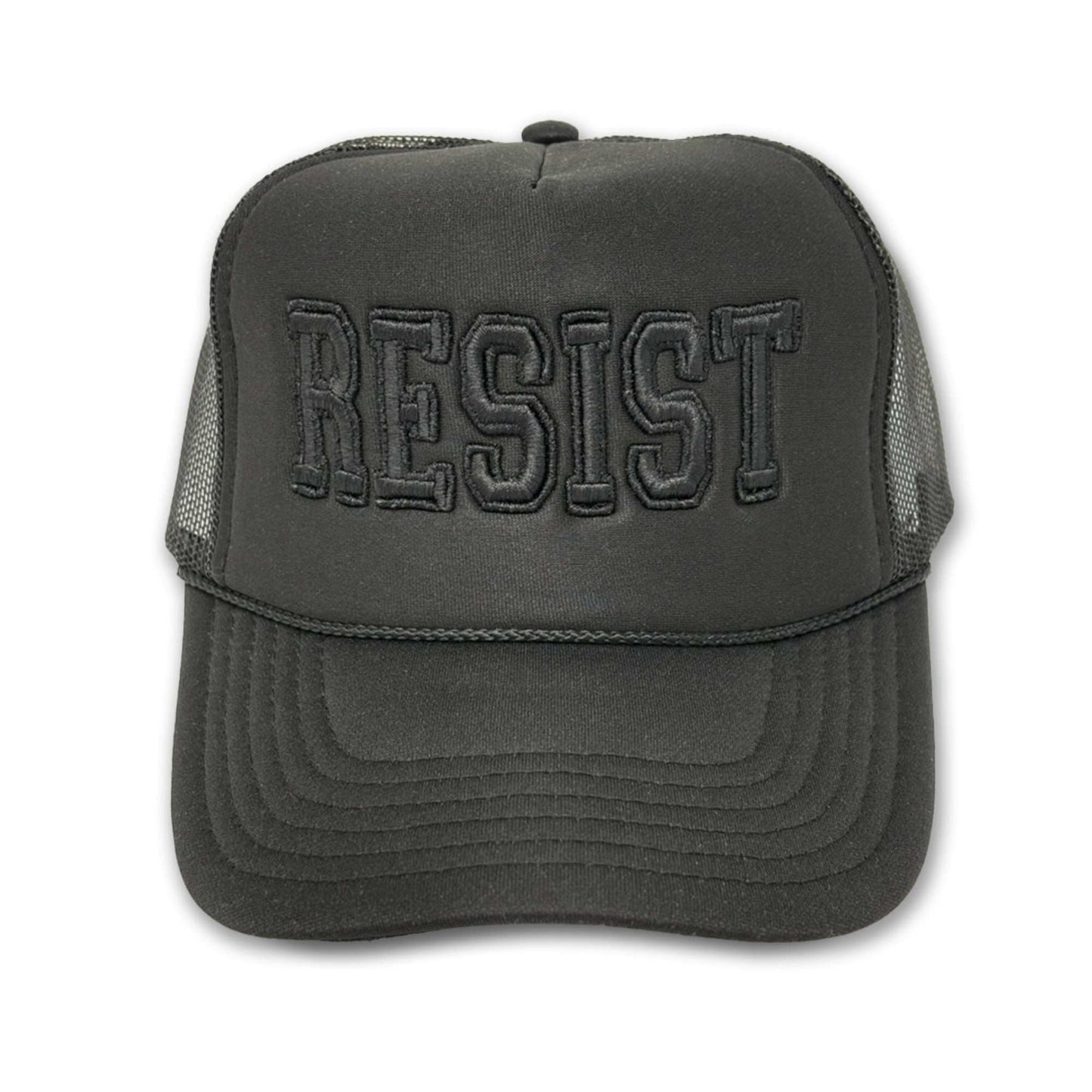 Black trucker hat with "RESIST" embroidered on the front.