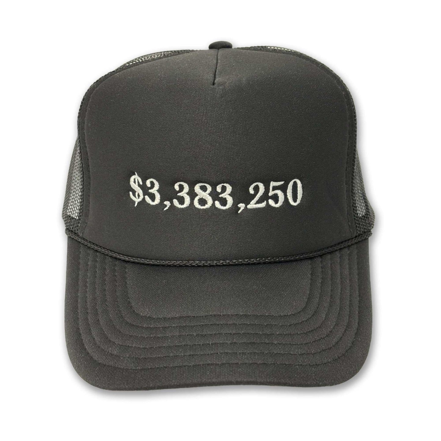 Black trucker hat with "$3,383,250" embroidered on the front.