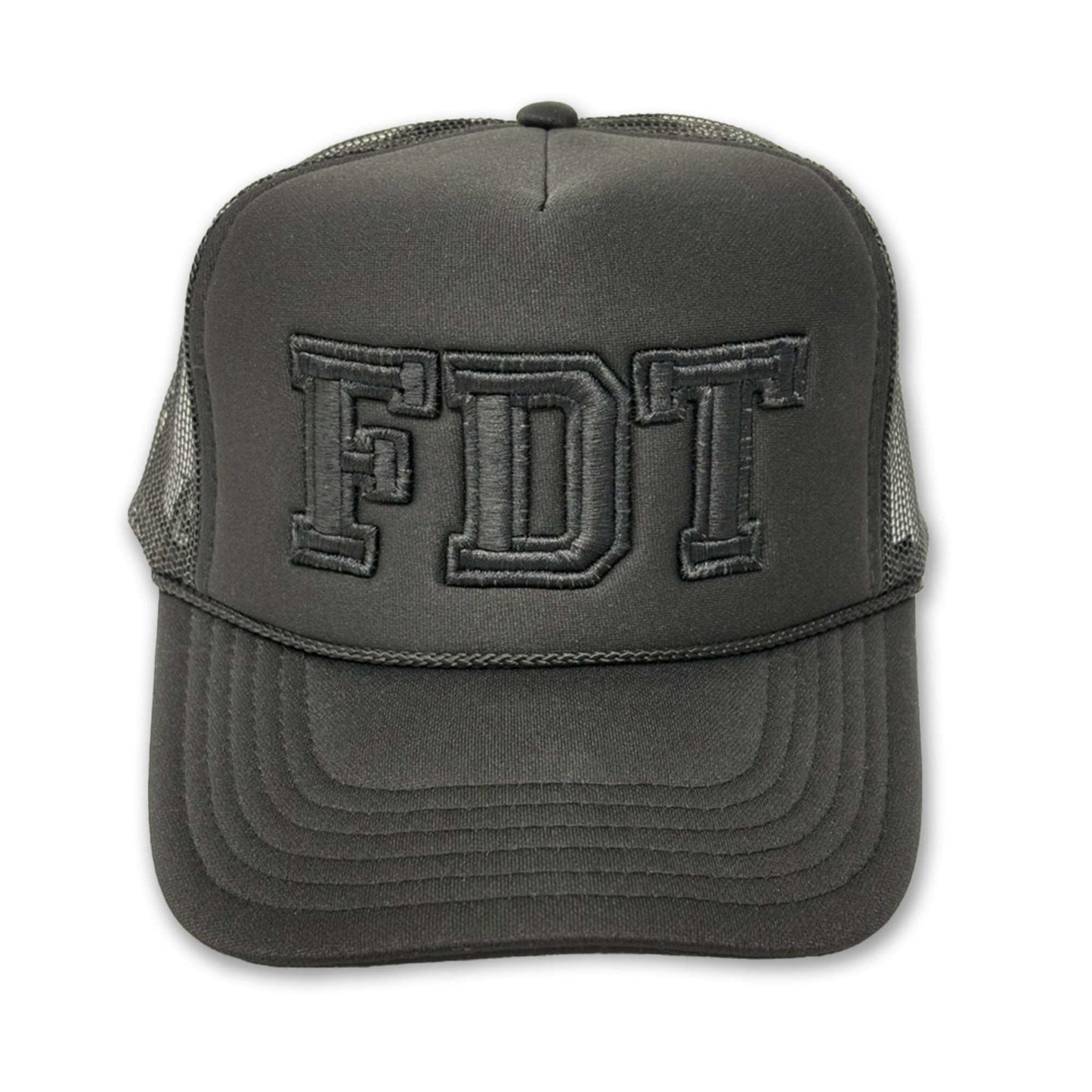 Black trucker hat with bold "FDT" lettering.