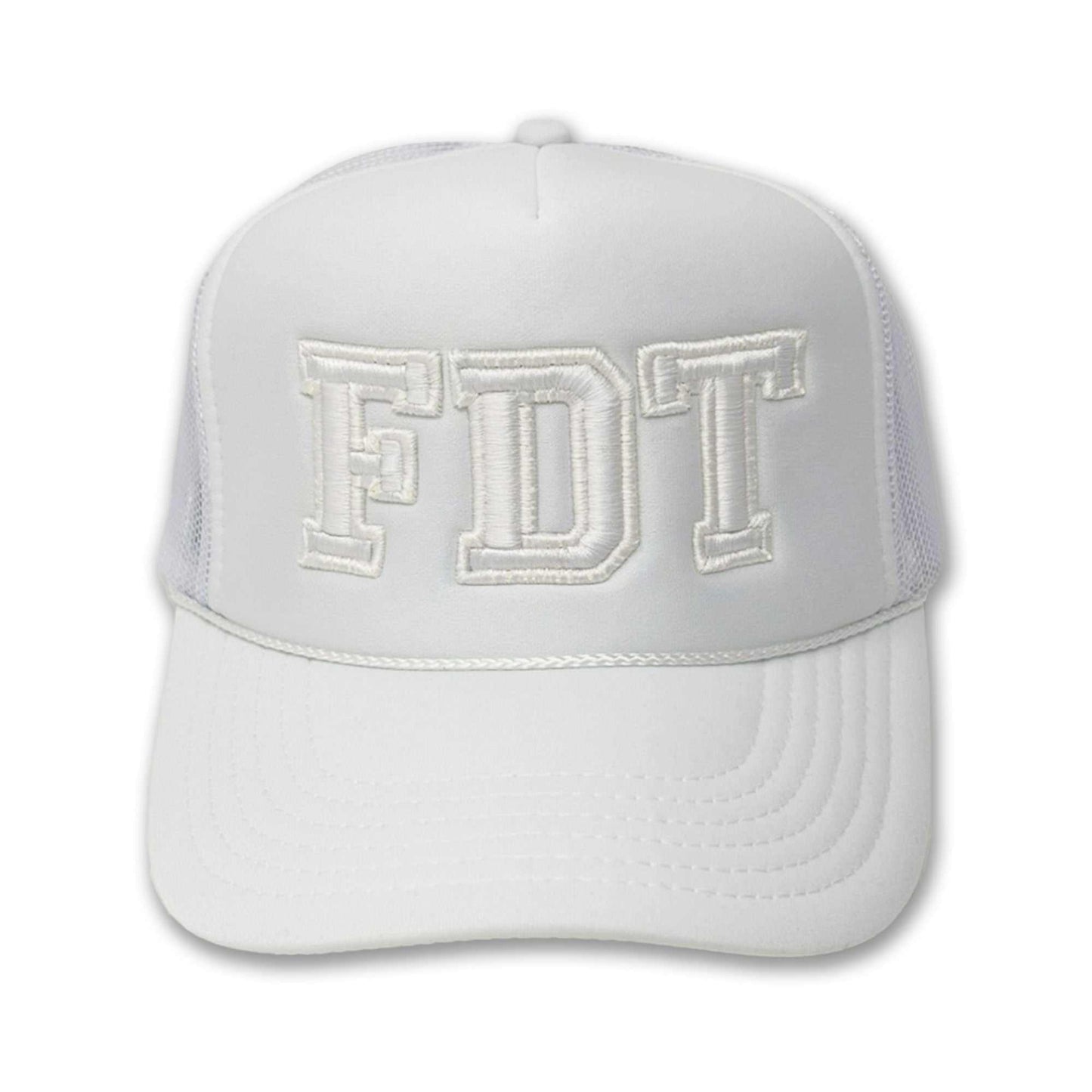 White trucker hat with "FDT" embroidered on the front.