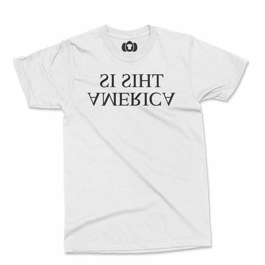 Protest T-shirt with reversed text design stating "This Is America."