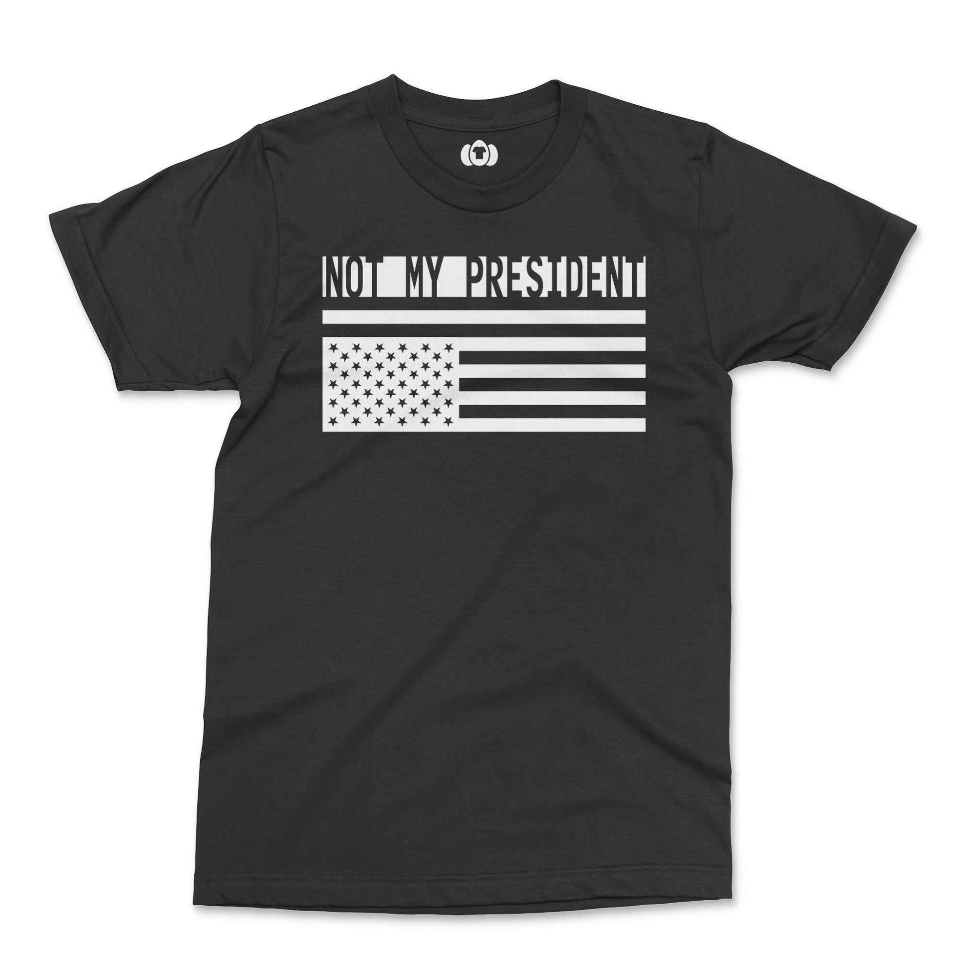 Black protest T-shirt with "Not My President" and American flag design.
