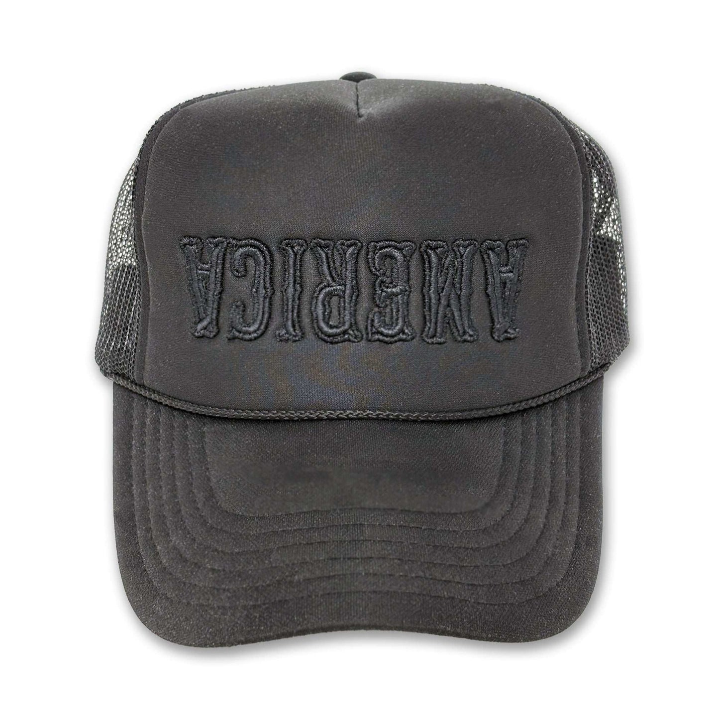Black trucker hat with "America" embroidered upside-down.