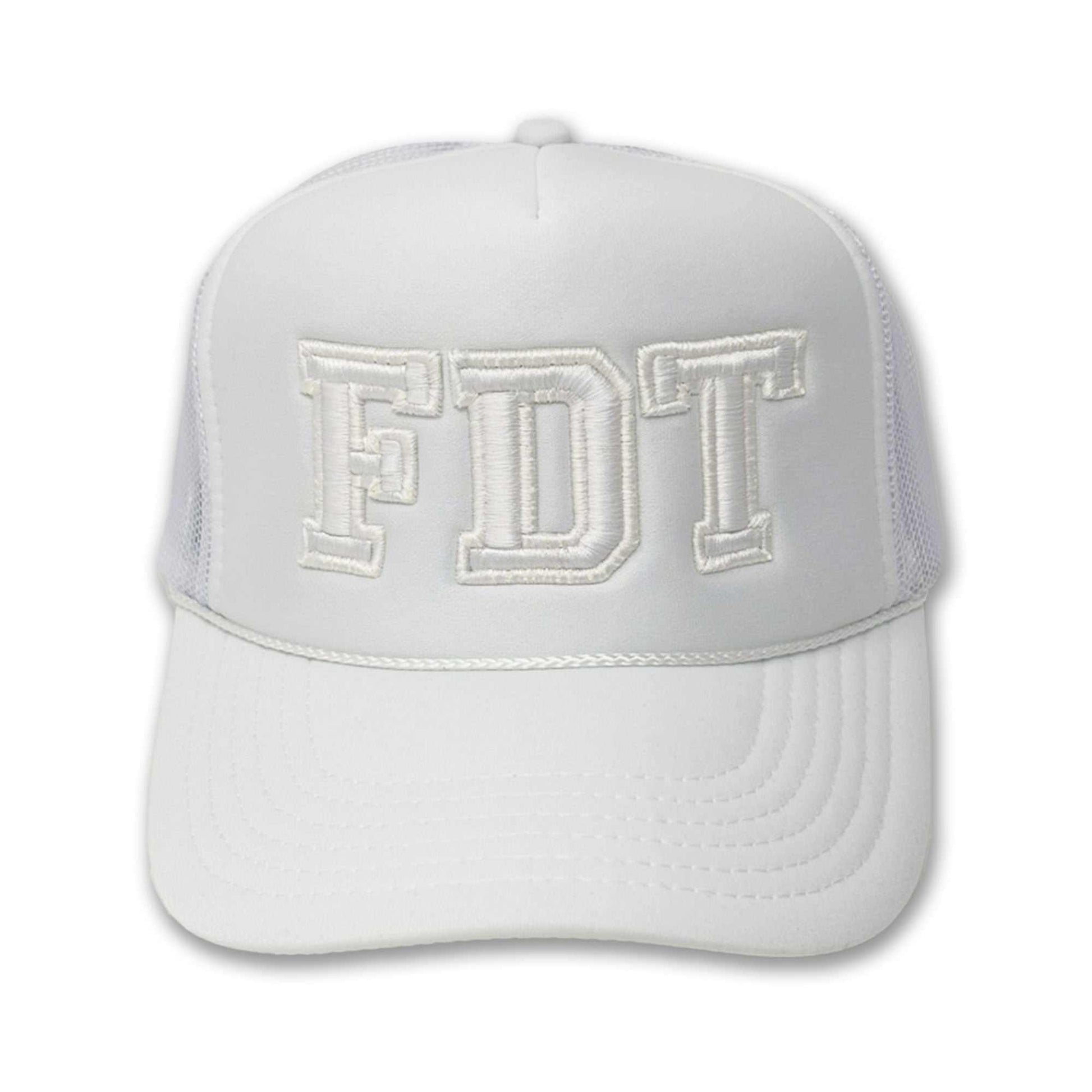 White trucker hat with "FDT" embroidered on the front.