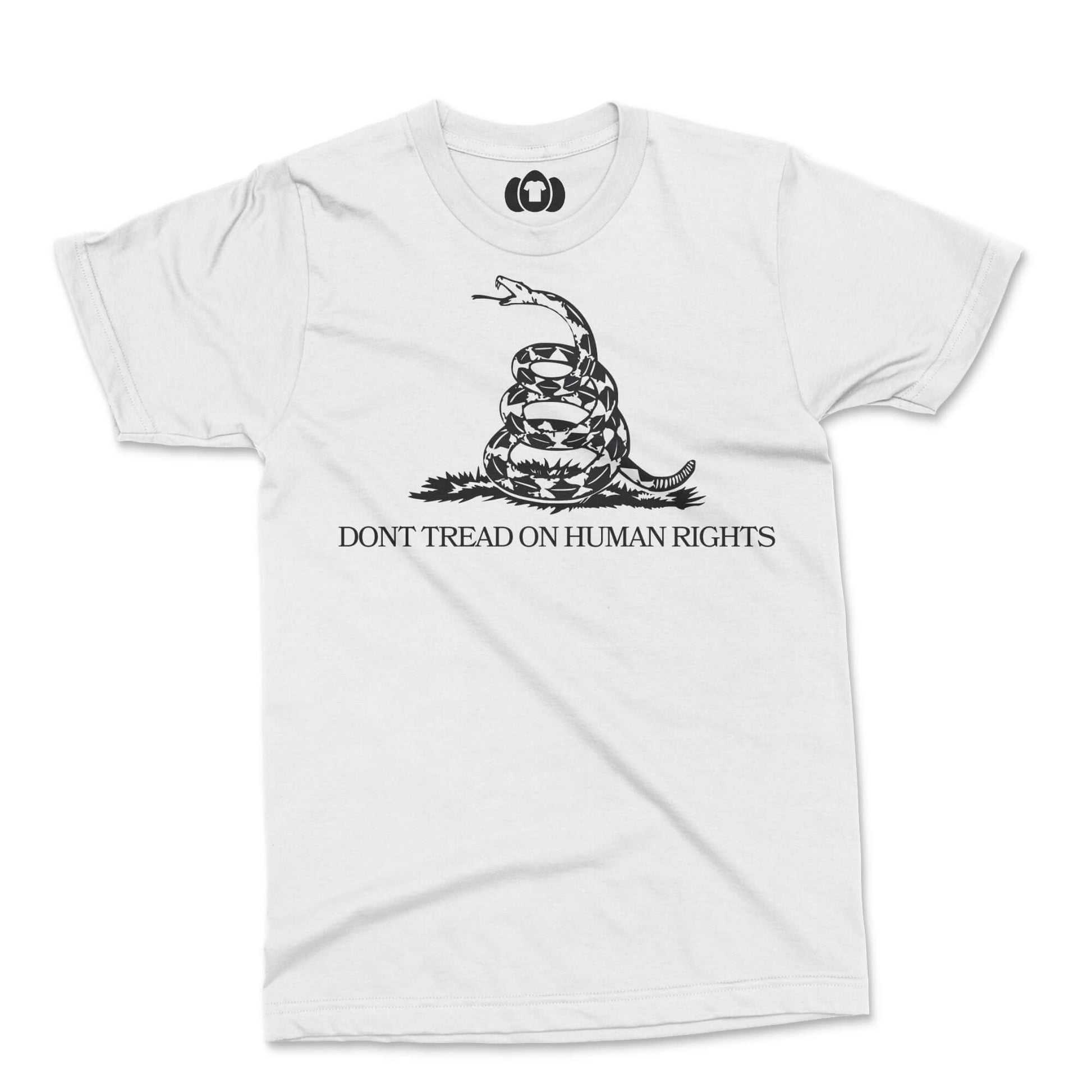 Protest T-Shirt with 'Don't Tread On Human Rights' design inspired by the Gadsden flag.
